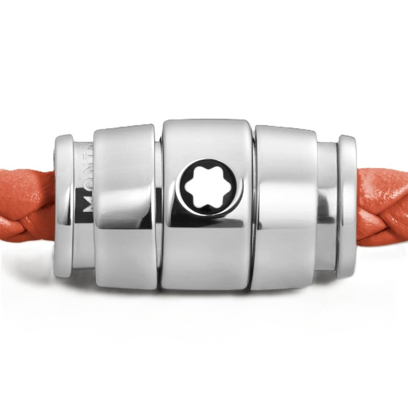 Montblanc cayenne braided leather bracelet with polished stainless steel clasp featuring the Montblanc emblem on a white background, clasp view.