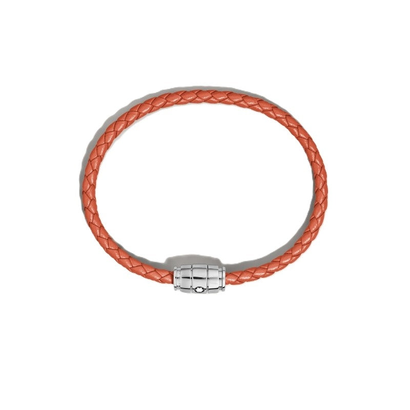 Montblanc cayenne braided leather bracelet with polished stainless steel clasp featuring the Montblanc emblem on a white background, front view.