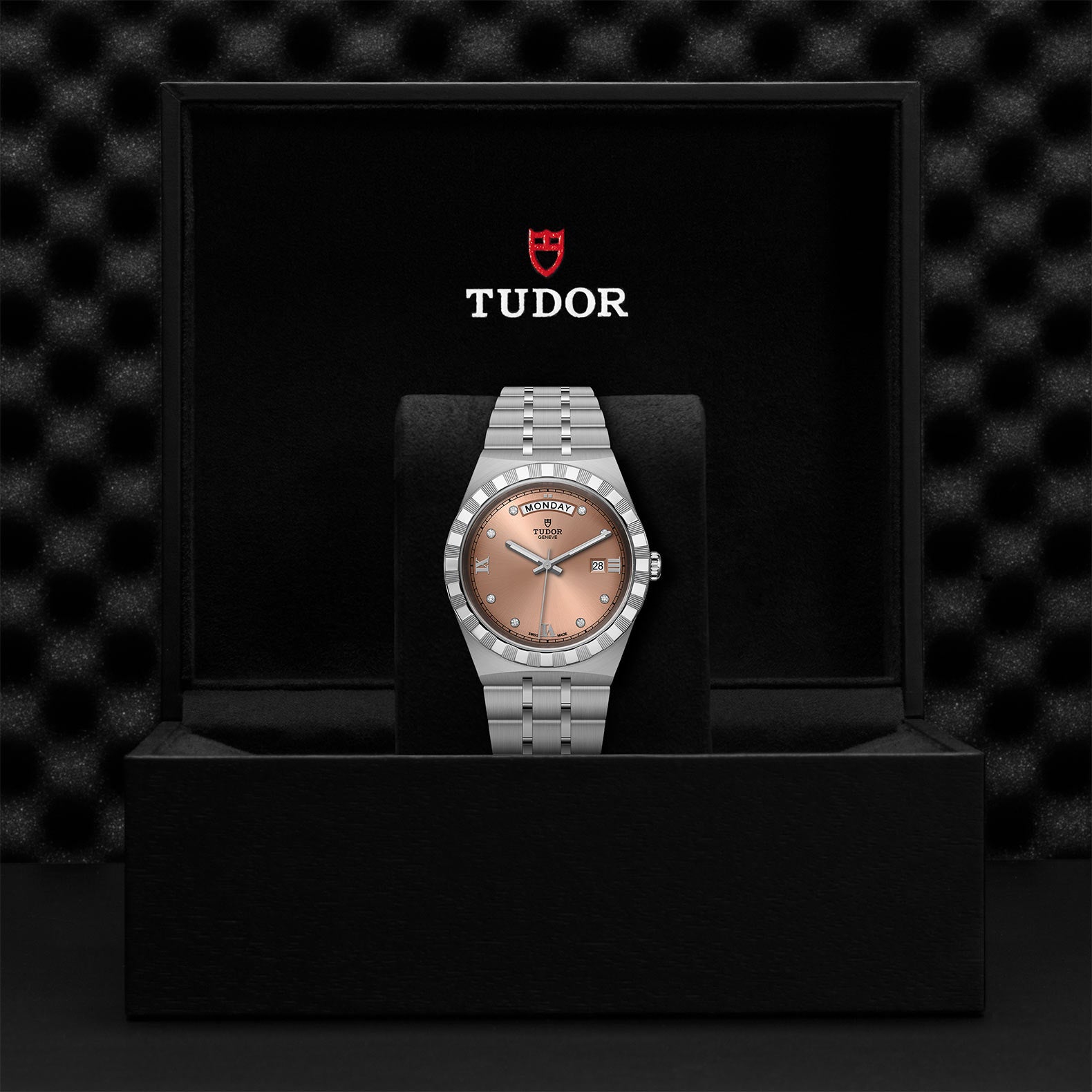 TUDOR tudor royal 41mm salmon diamond dial watch, presented inside the official Tudor presentation box.