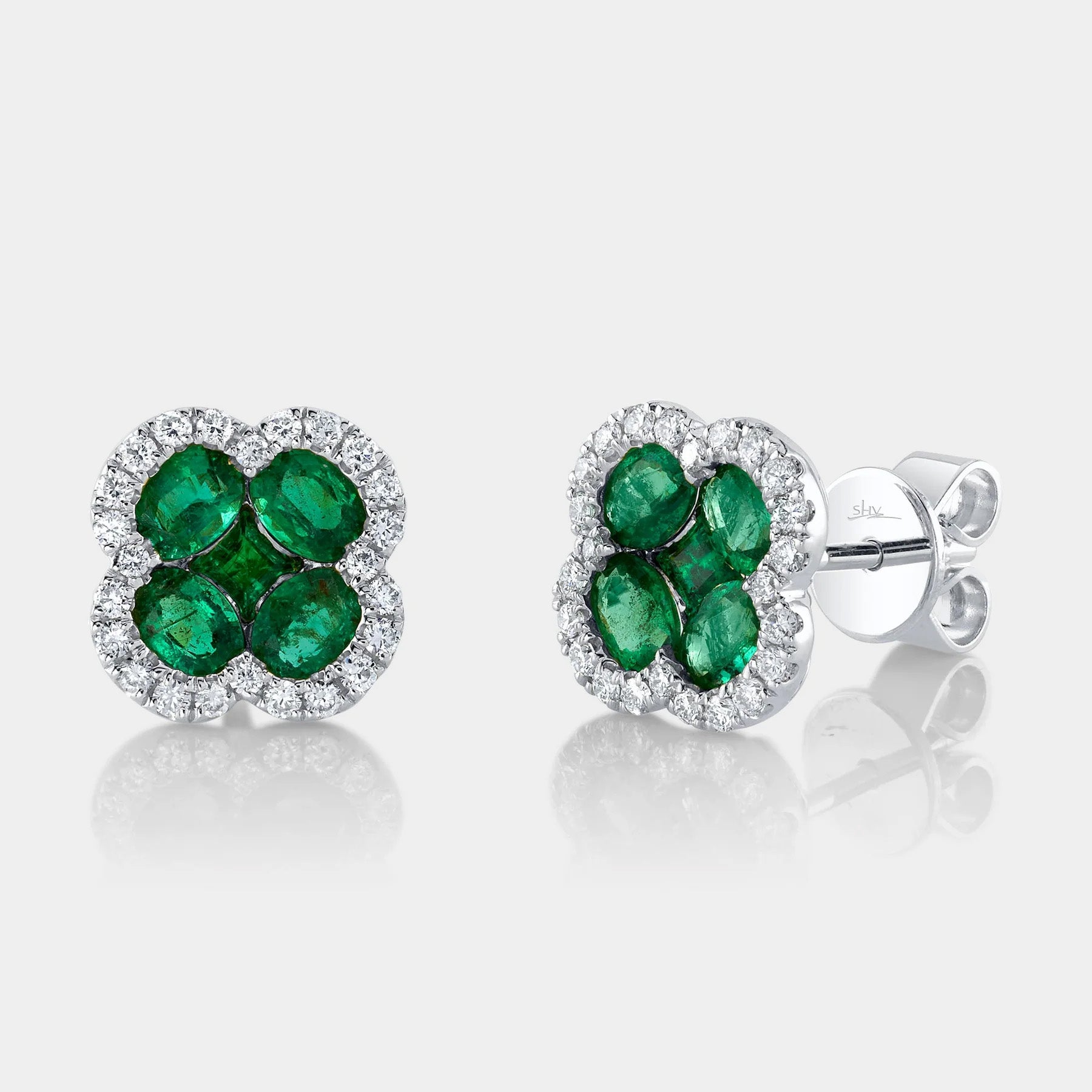 Diamond & Emerald Clover Stud Earrings