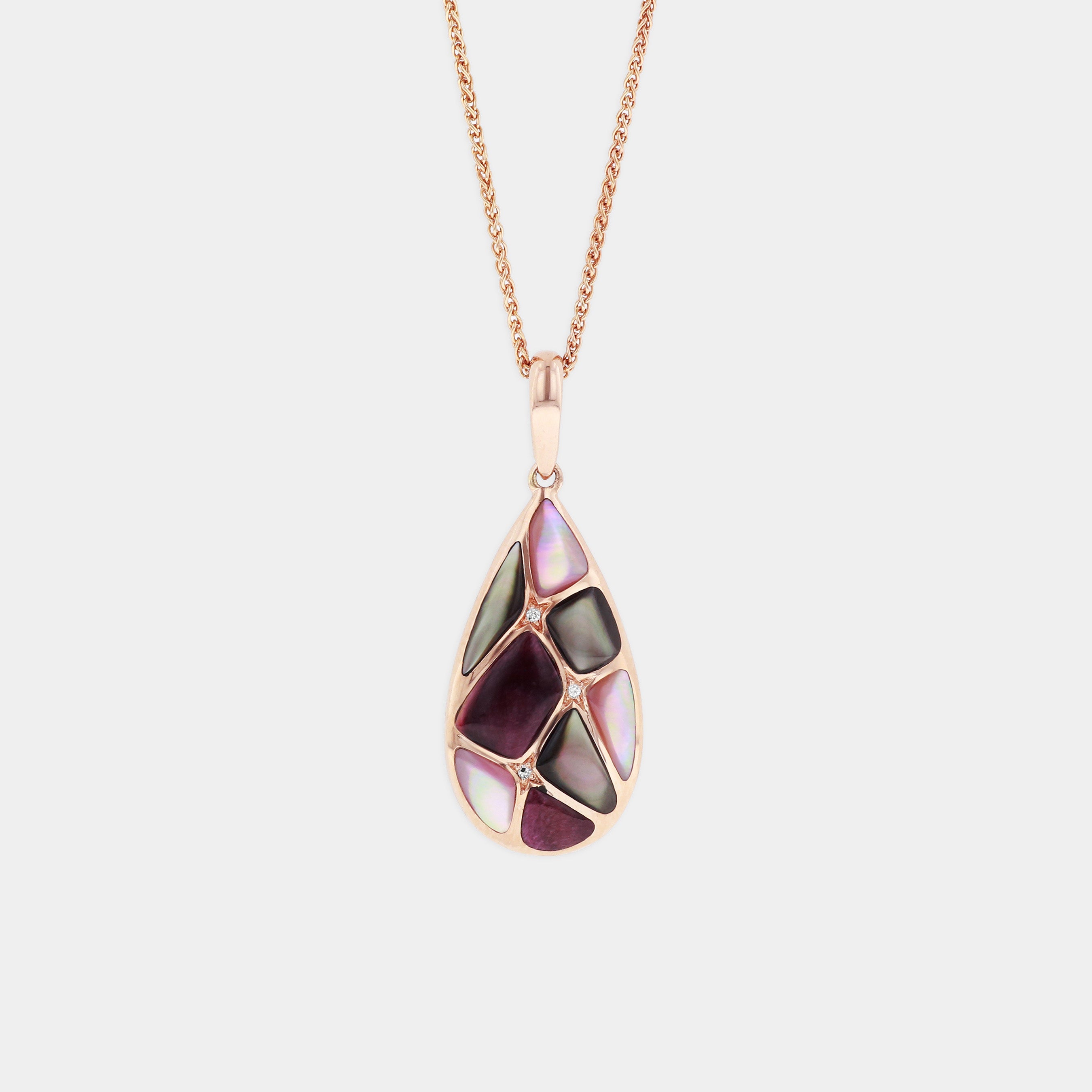 Spiny Oyster and mother of pearl diamond pendant necklace in Rose gold on grey background
