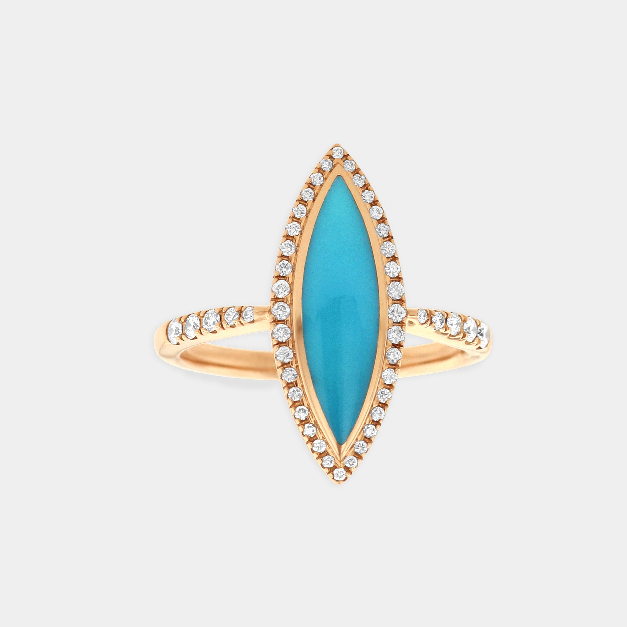 Rose gold Turquoise and diamond ring in marquise shape on grey background