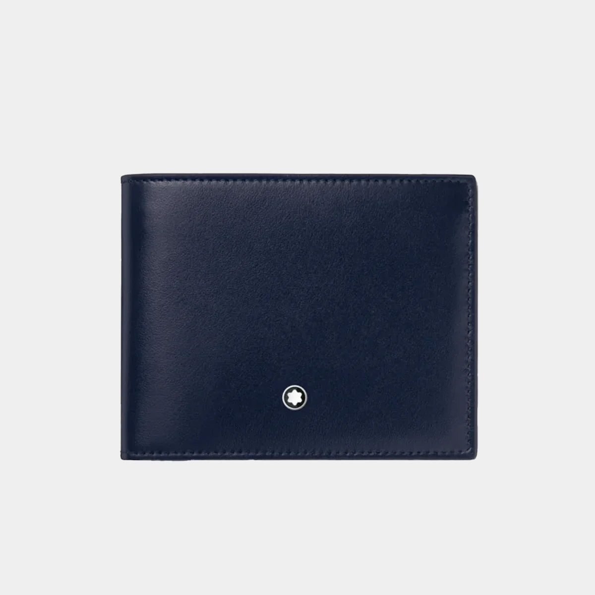 Navy leather wallet with brand logo on a light gray background