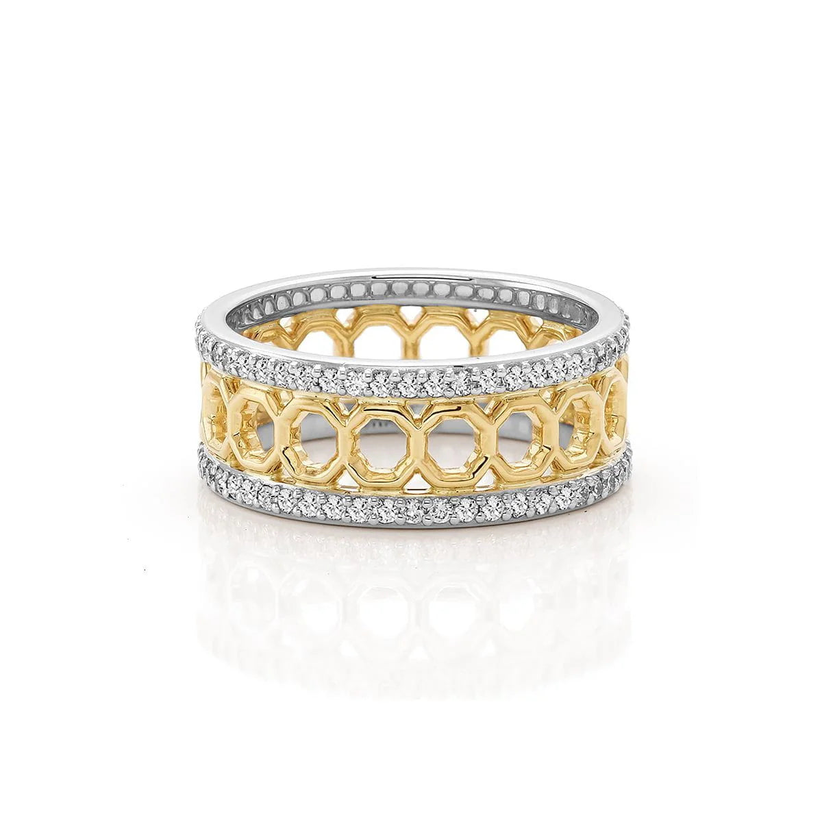 White and yellow gold octagon pattern diamond fashion ring on grey background, front view