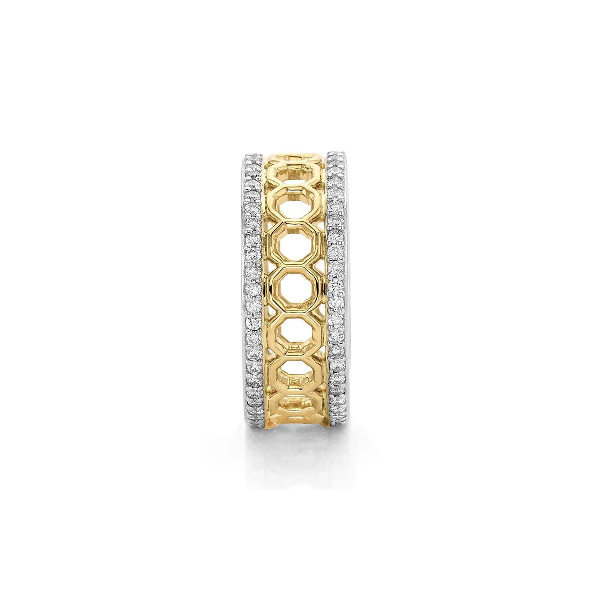 White and yellow gold octagon pattern diamond fashion ring on grey background, side view