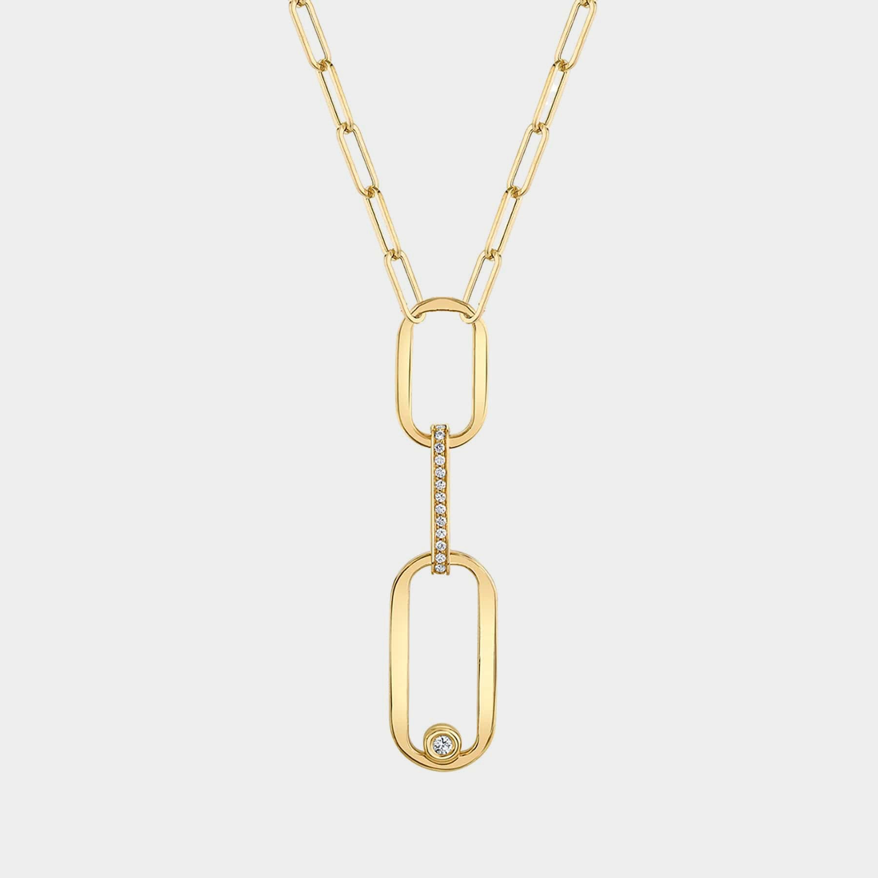 Yellow gold diamond paperclip pendant necklace on grey background, front view