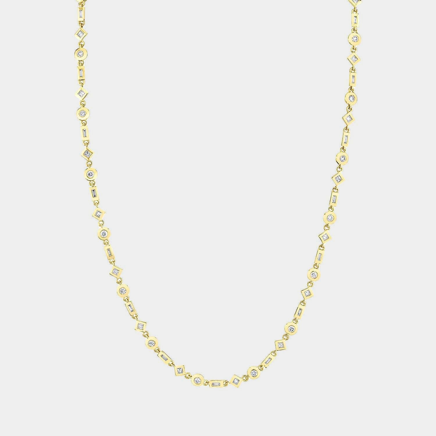 Yellow gold mixed shape diamond tennis necklace on grey background