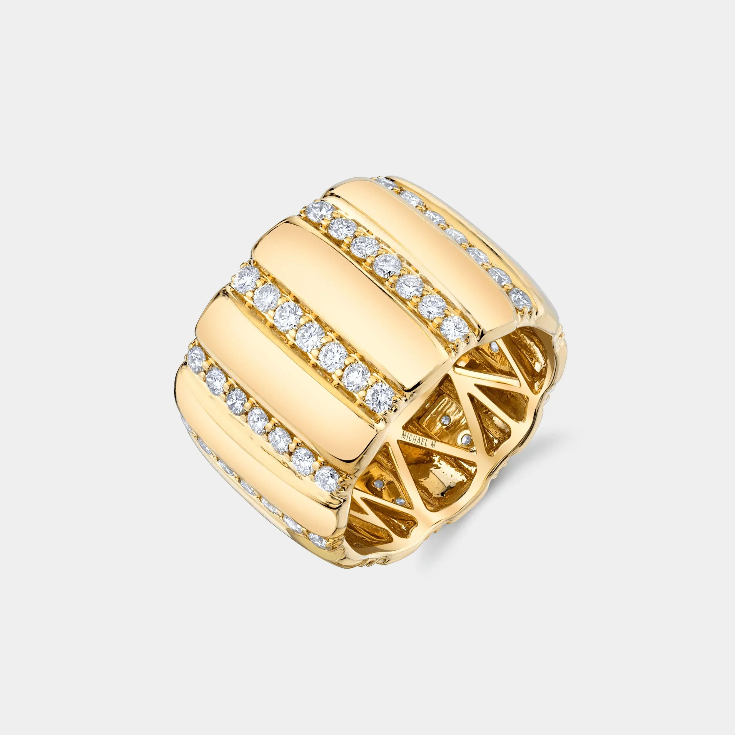 Yellow gold and diamond ribbed ring, side angle view