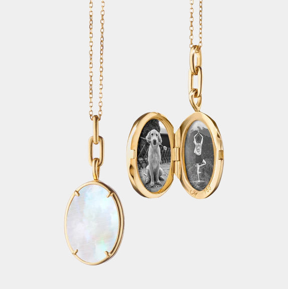 Yellow gold locket necklace with two photos and white mother of pearl front