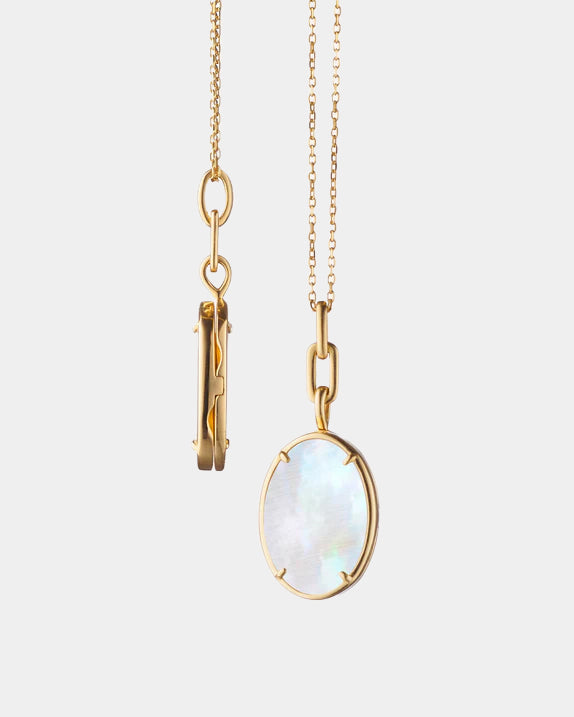 Yellow gold locket necklace white mother of pearl front