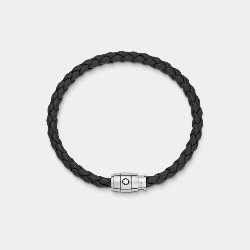Montblanc black braided leather bracelet with polished stainless steel three-ring clasp featuring the Montblanc emblem on a grey background, front view.
