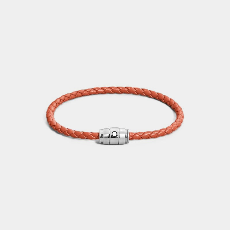 Montblanc cayenne braided leather bracelet with polished stainless steel clasp featuring the Montblanc emblem on a white background, front angle view.