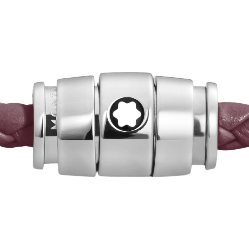 Montblanc brown cassis woven leather bracelet with polished stainless steel three-ring clasp featuring the Montblanc emblem on a grey background, clasp view.
