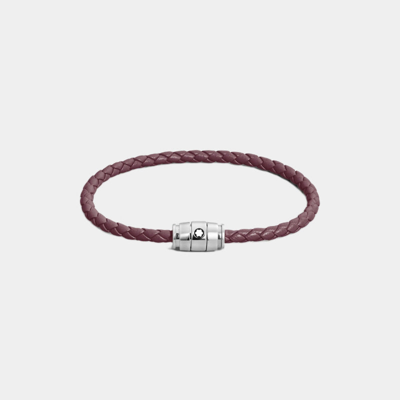 Montblanc Meisterstück brown cassis braided leather bracelet with stainless steel three-ring clasp on a grey background, front angle view.