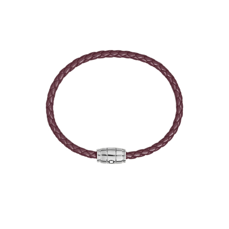 Purple braided leather bracelet with a silver clasp on a white background