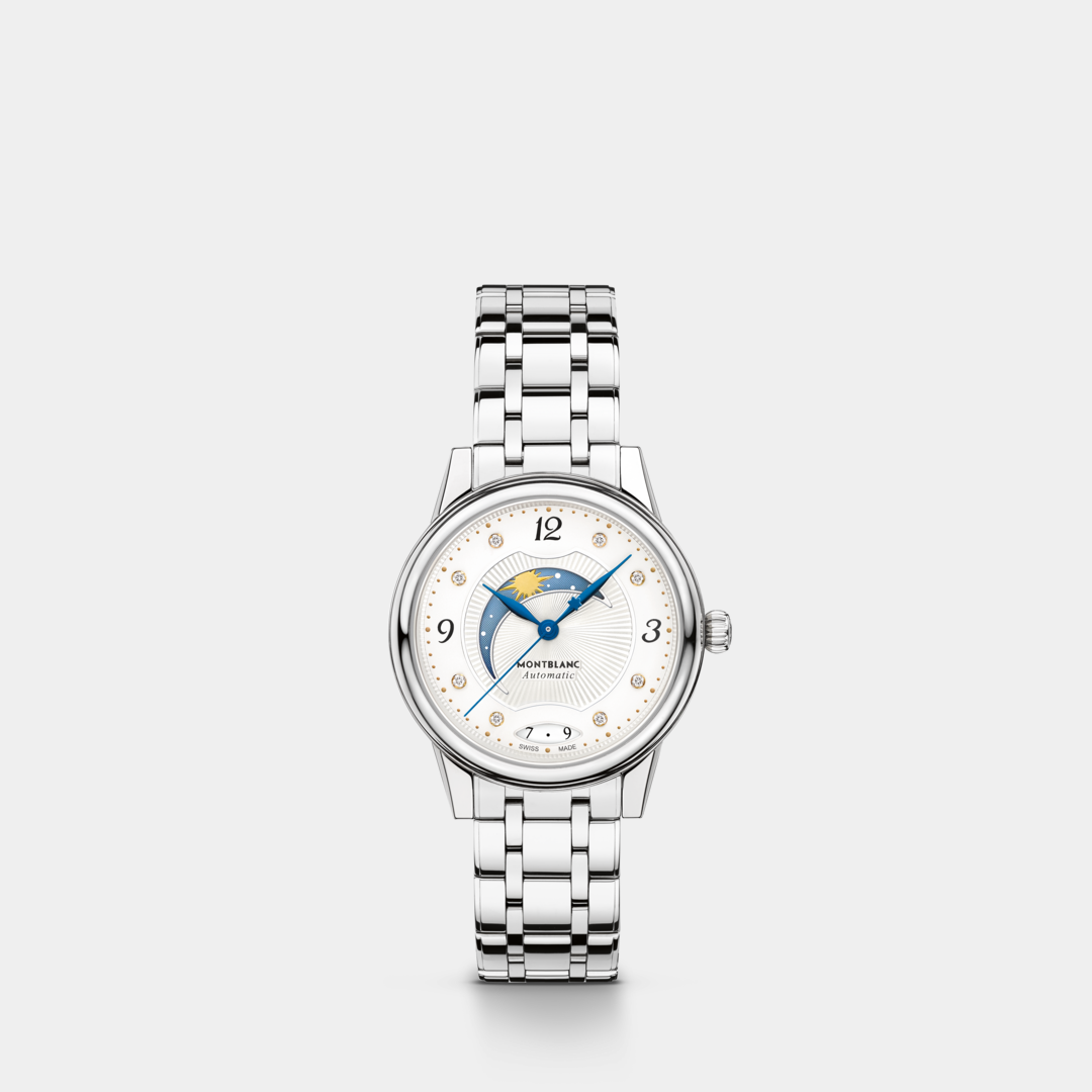 Silver watch with a white face on a light gray background