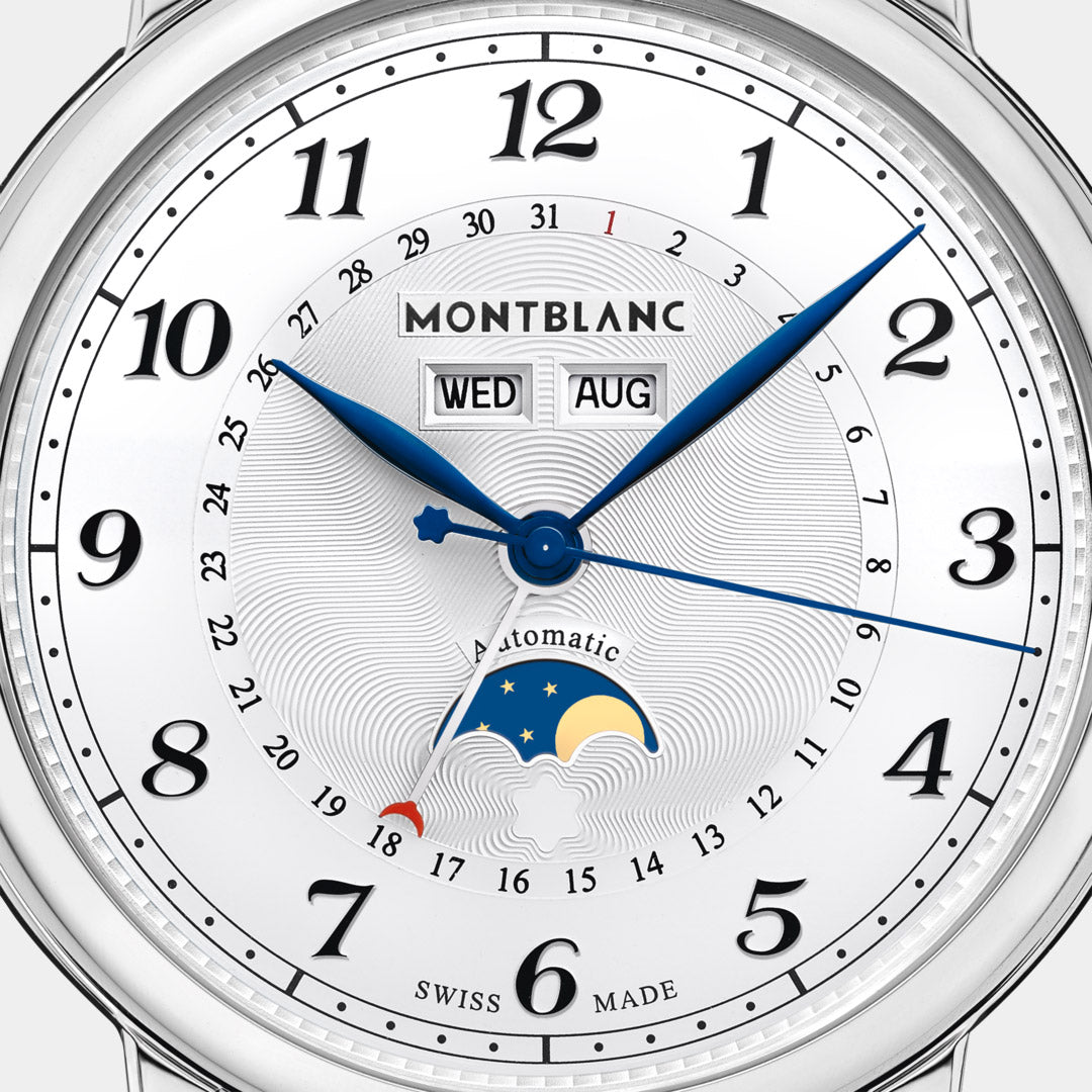 Montblanc watch face with blue hands and detailed design