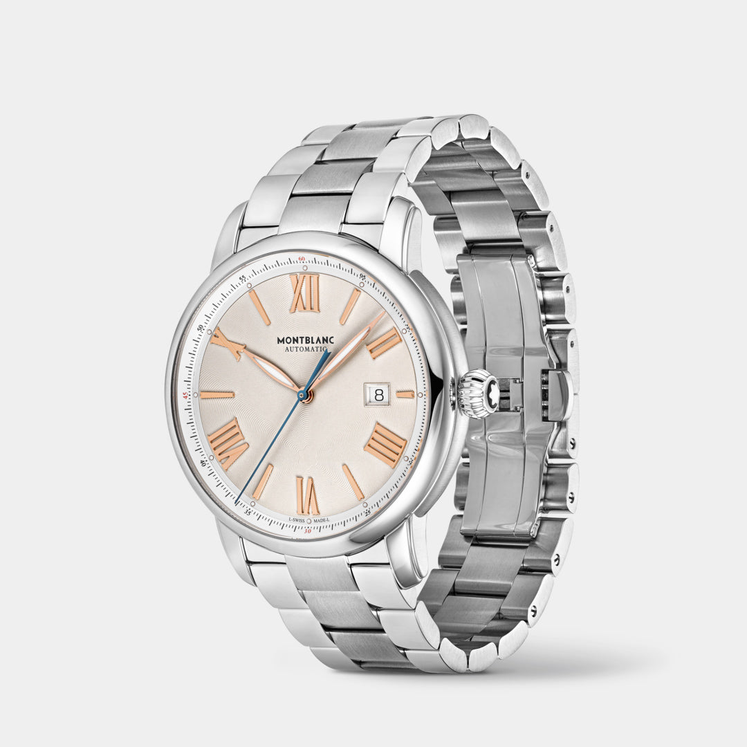 Silver watch with a detailed face on a light gray background