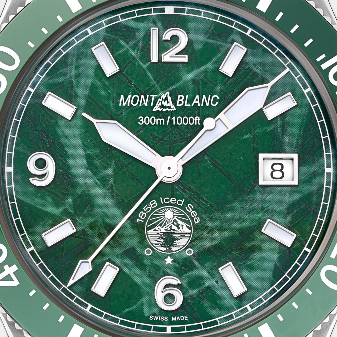 Montblanc watch face with green marbled background and white numbers
