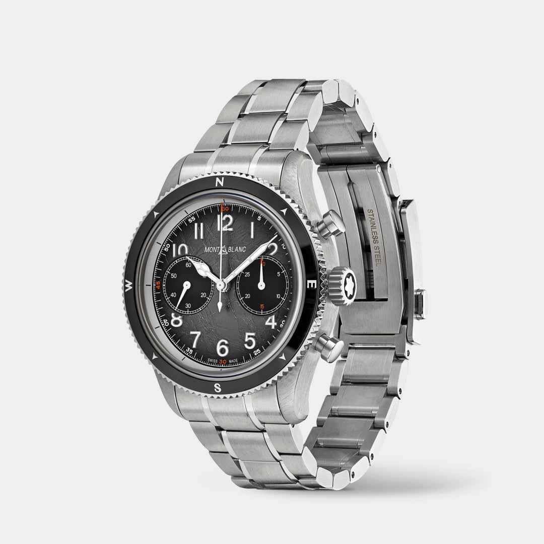 Silver watch with black dial on a white background