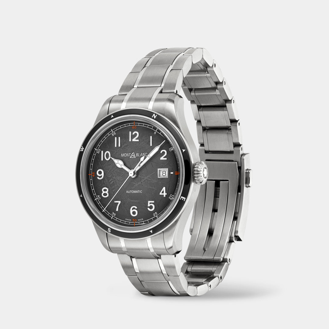 Silver watch with black dial on a white background