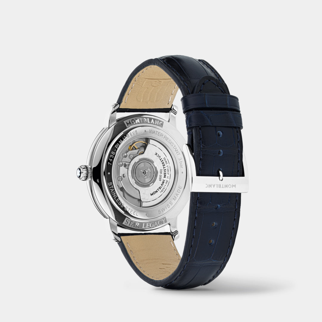 Case back of watch with a blue strap and visible mechanical components on a white background