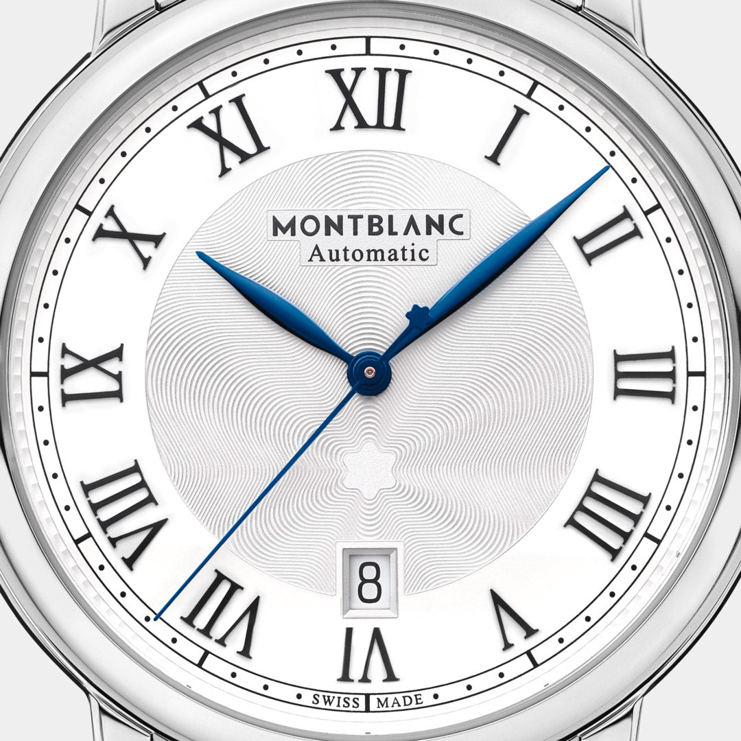 Montblanc watch face with Roman numerals and blue hands on a white background