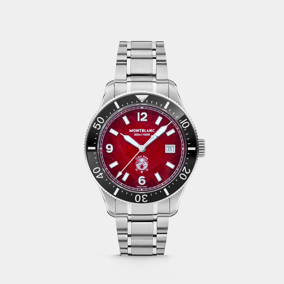 Montblanc watch with red dial and silver bracelet on a white background