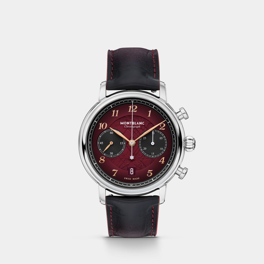 Montblanc watch with black leather strap and red accents on a light gray background