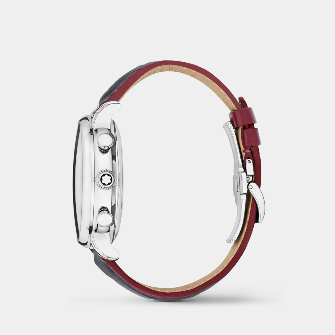 Smartwatch with a red leather strap on a white background
