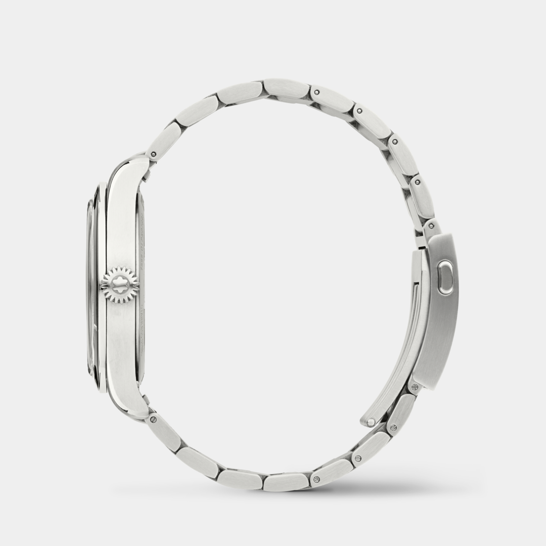 Silver watch strap on a white background