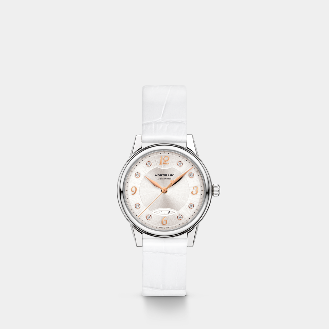 Watch with a white strap and silver case on a light gray background