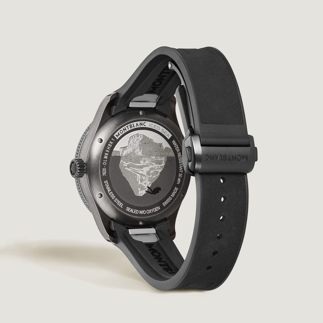 Black watch with detailed case and brand name on a light gray background