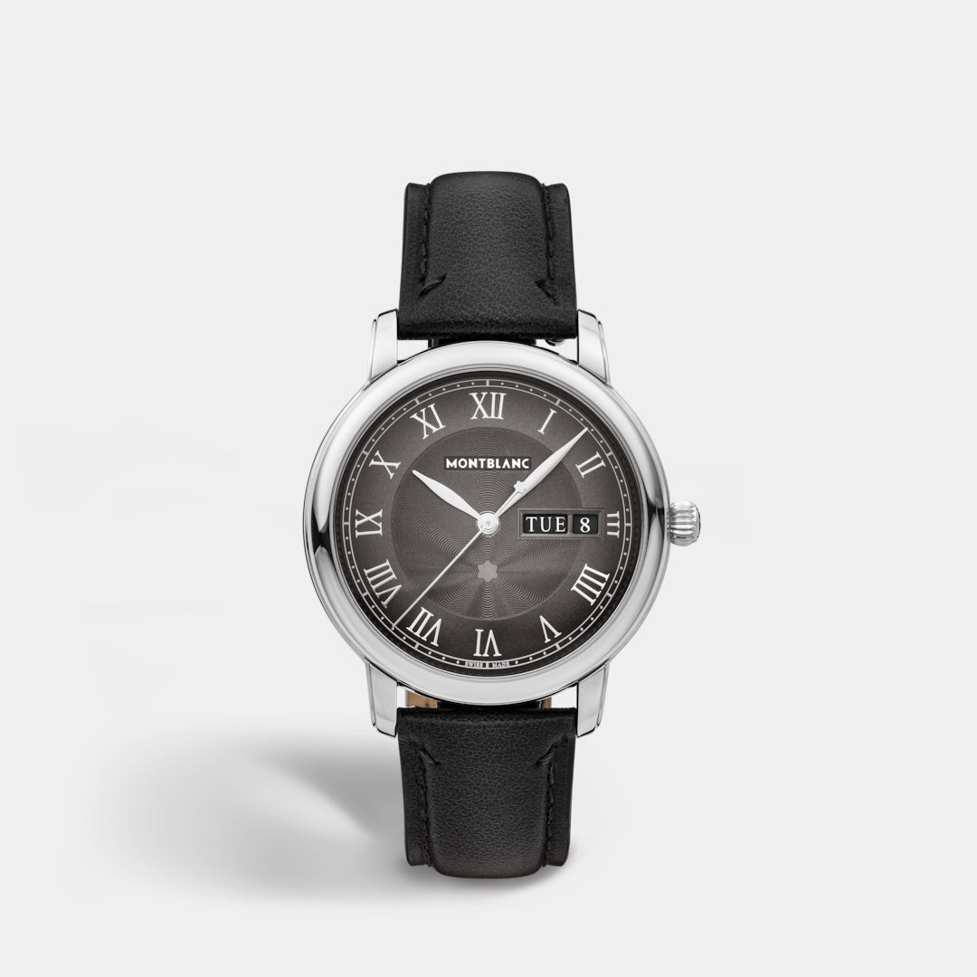 Montblanc watch with black leather strap and gray dial on a light gray background