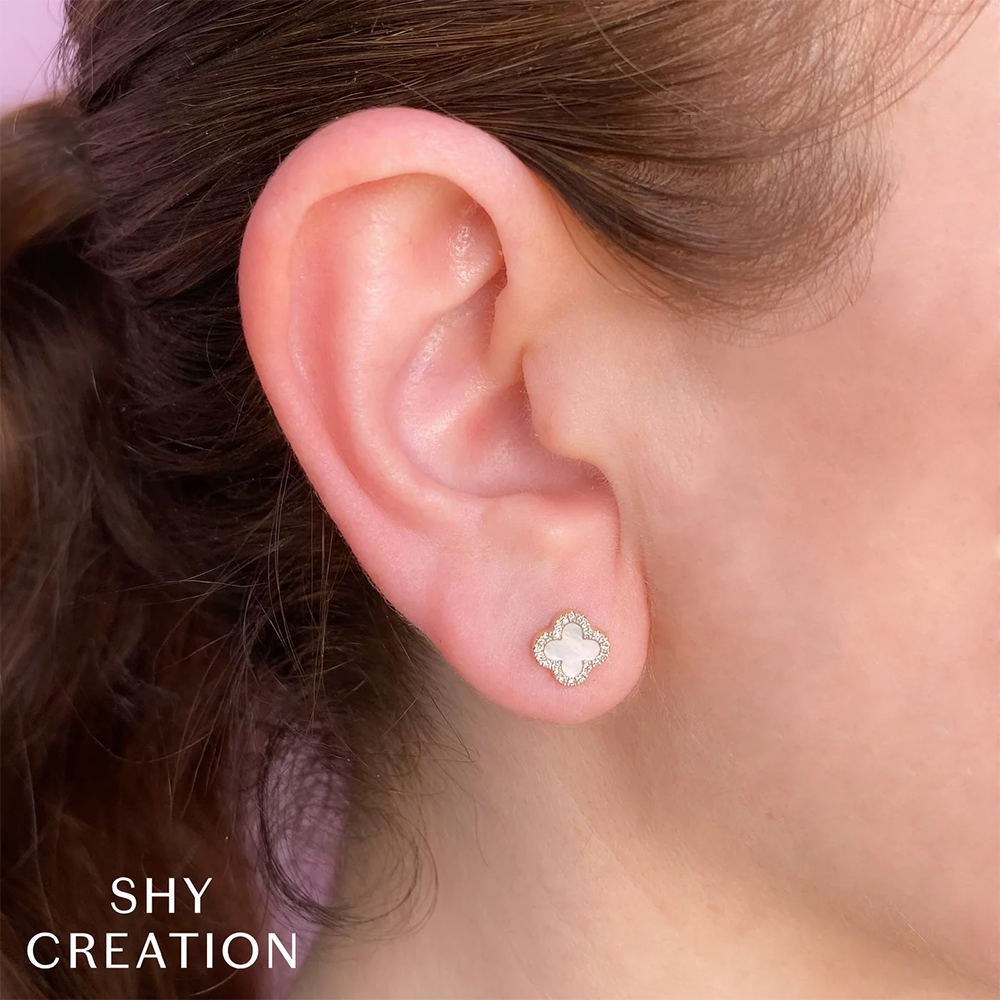 Diamond & Mother of Pearl Clover Yellow Gold Stud Earrings
