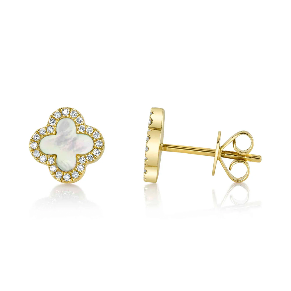 Diamond & Mother of Pearl Clover Yellow Gold Stud Earrings