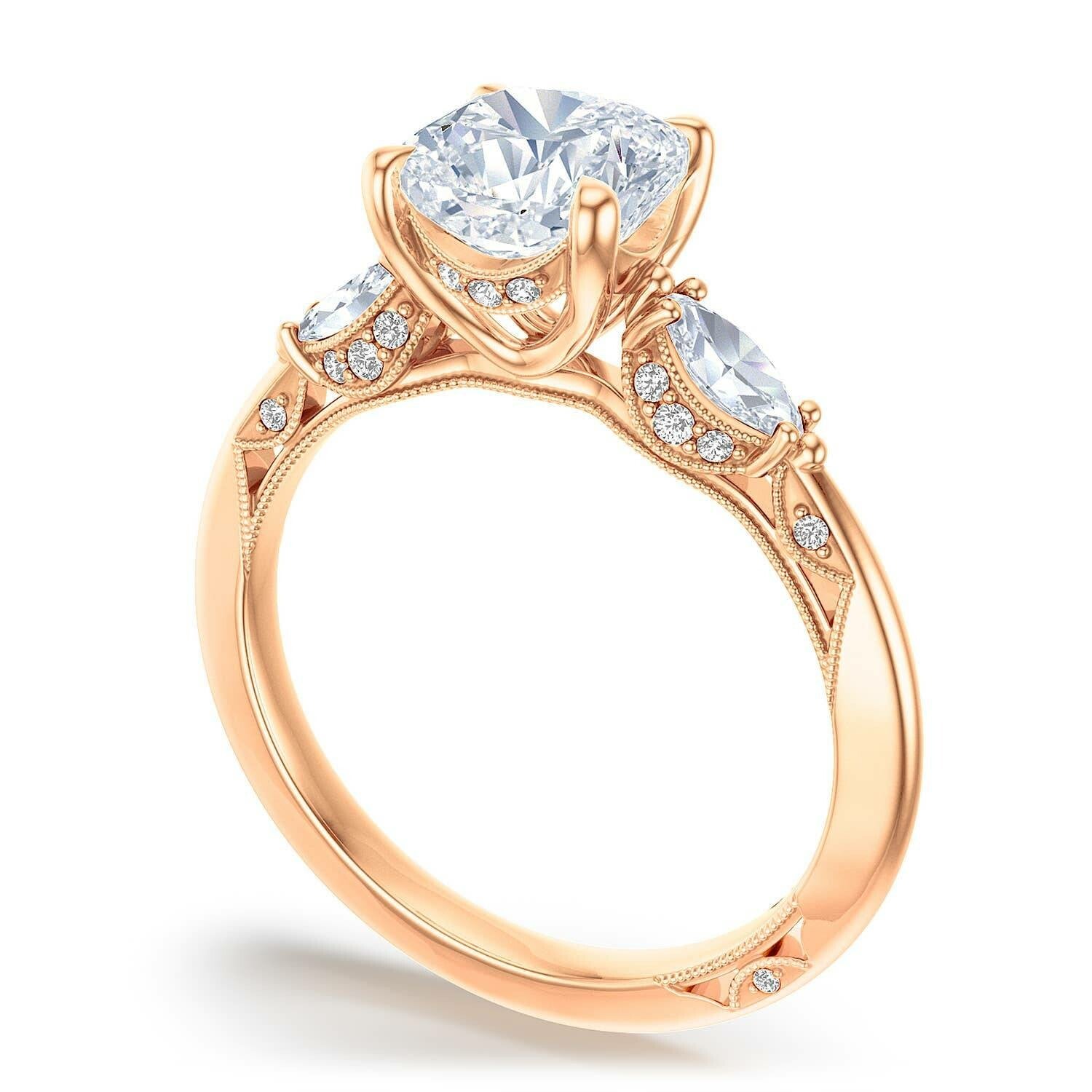 Cushion 3-Stone 18k Rose Gold Engagement Ring - 2685