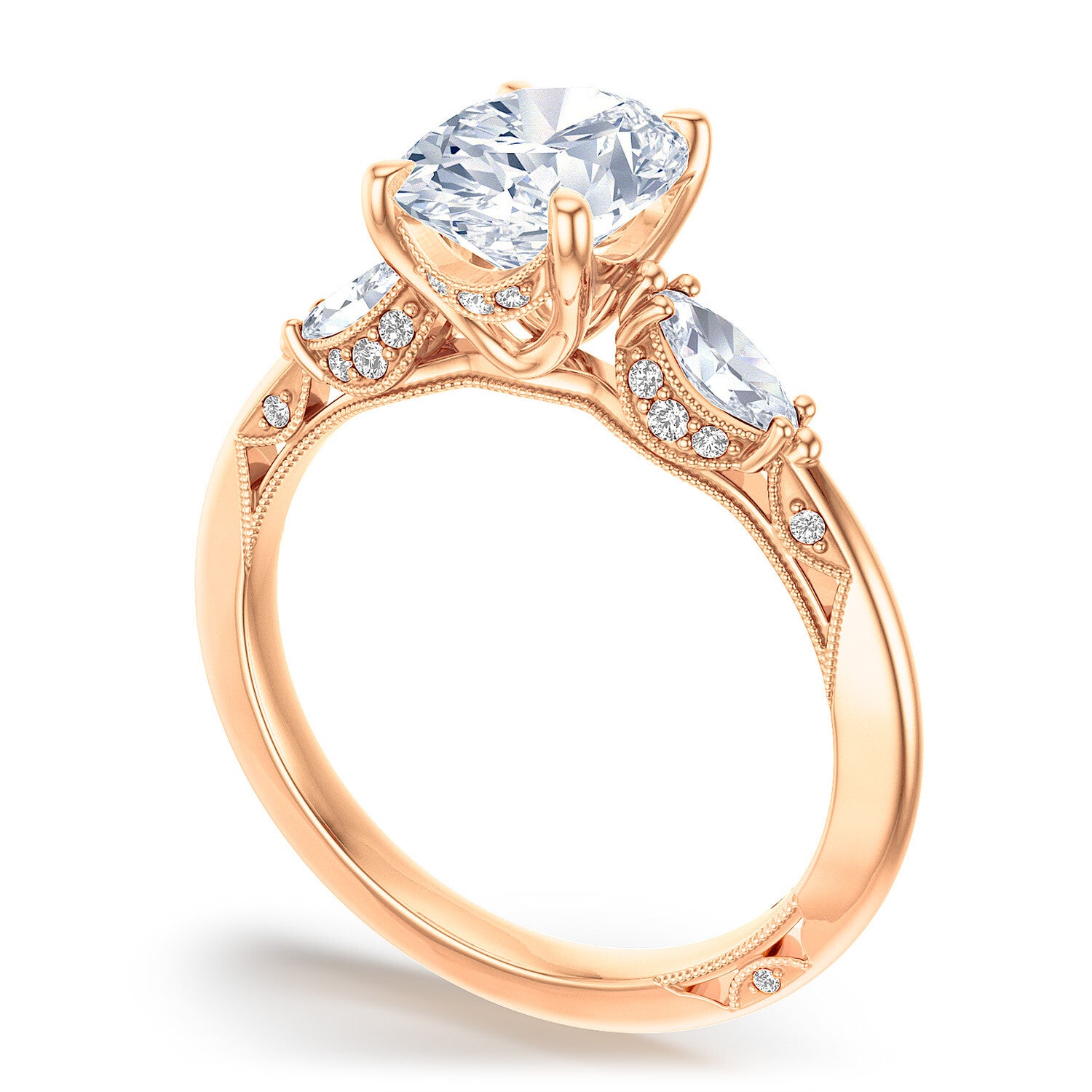 Oval 3-Stone 18k Rose Gold Engagement Ring - 2685