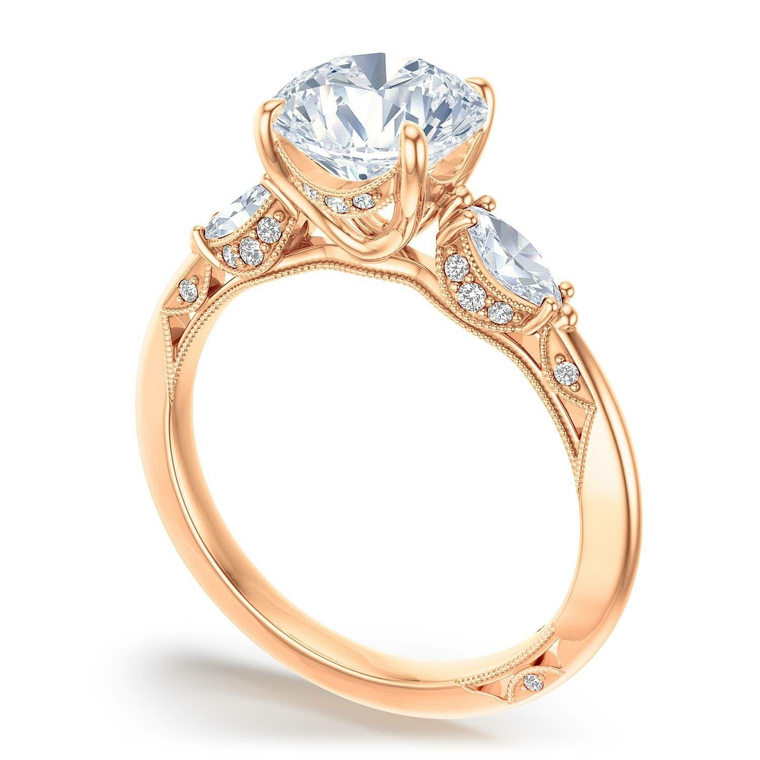 Round 3-Stone 18k Rose Gold Engagement Ring - 2685
