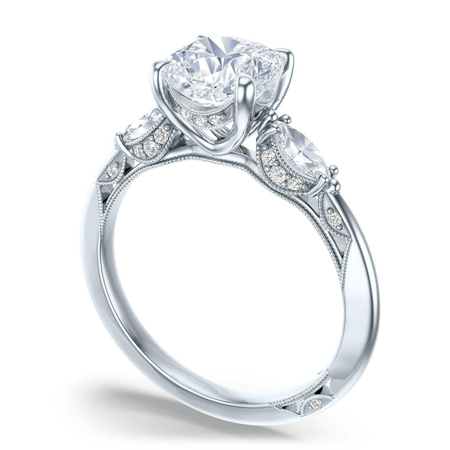 Cushion 3-Stone 18k White Gold Engagement Ring - 2685