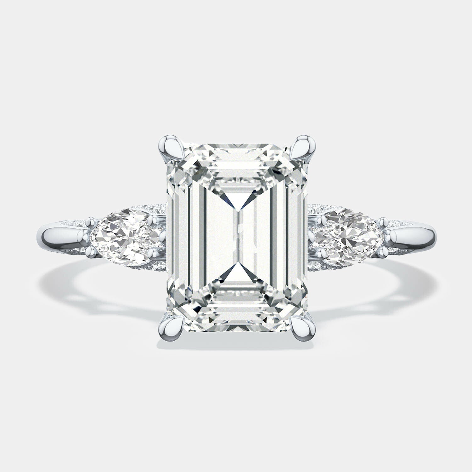 Emerald 3-Stone 18k White Gold Engagement Ring - 2685