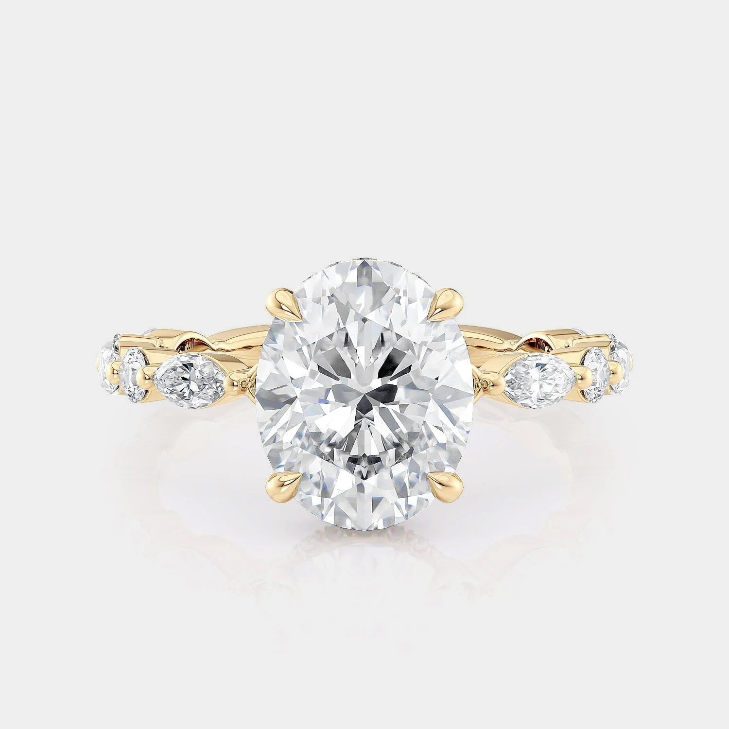 Oval Side Stone 18k Yellow Gold Engagement Ring - R802
