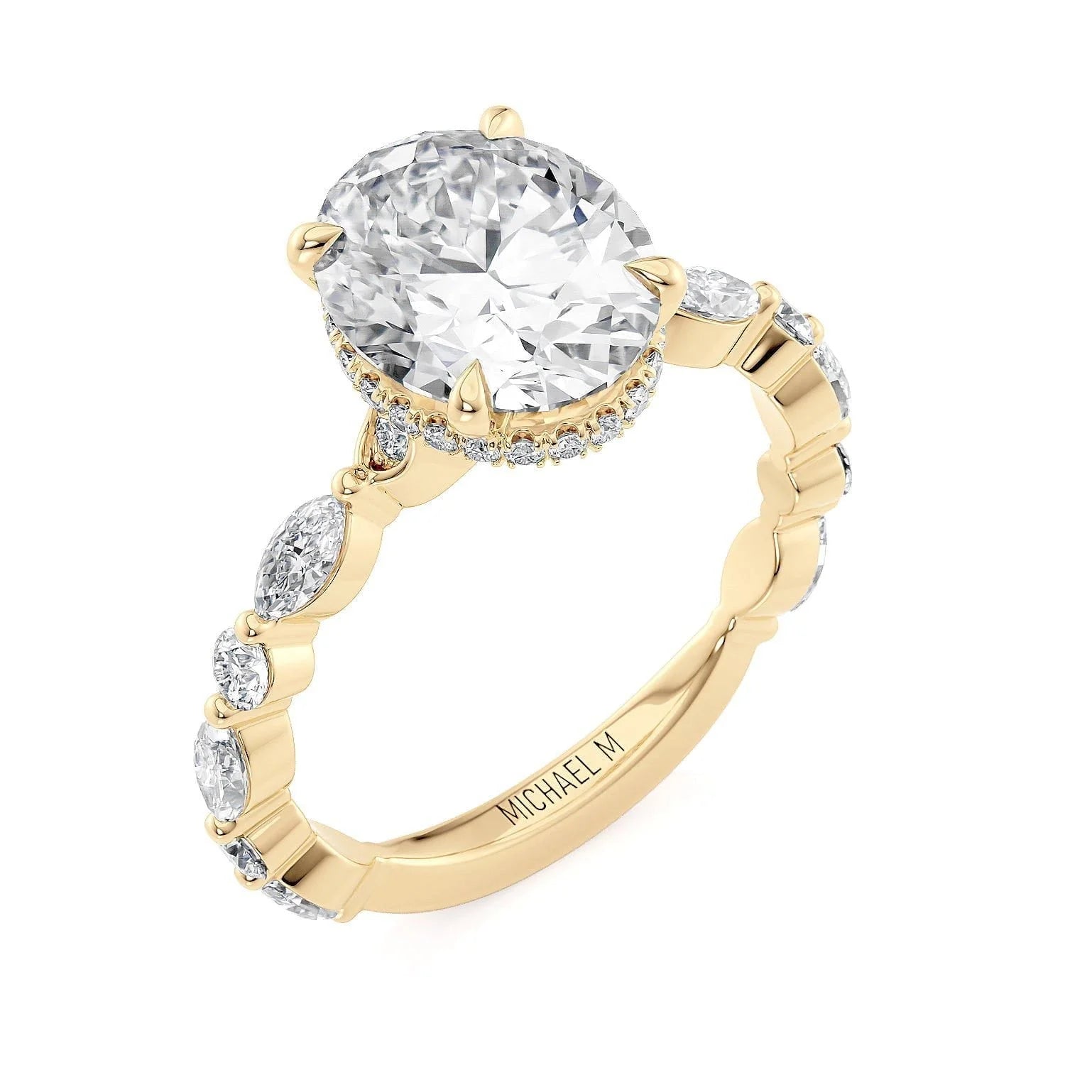 Oval Side Stone 18k Yellow Gold Engagement Ring - R802