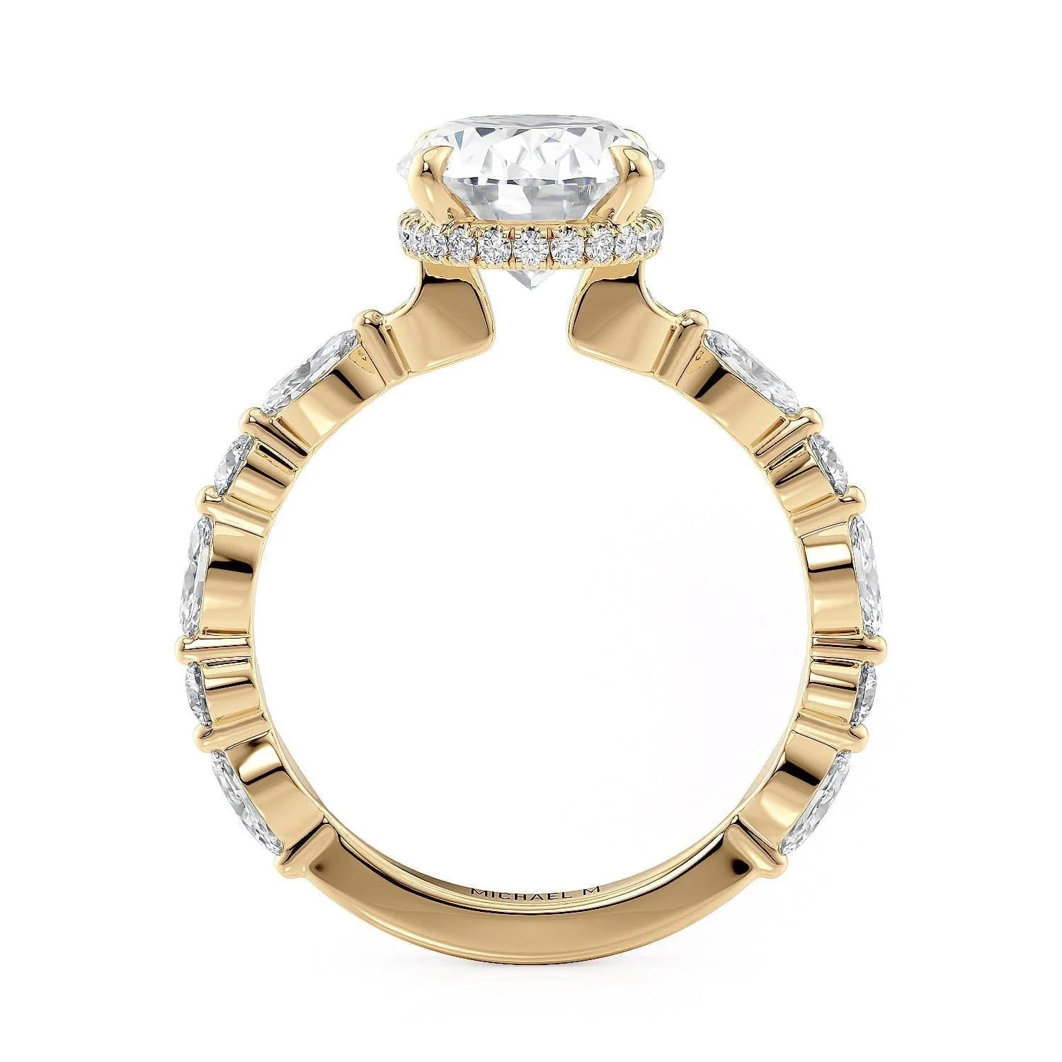 Oval Side Stone 18k Yellow Gold Engagement Ring - R802