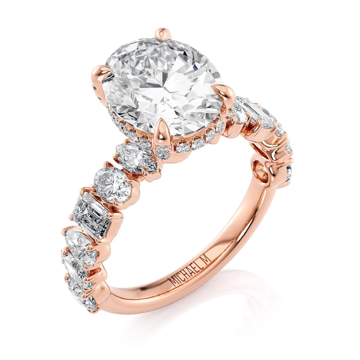 Oval Side Stone 18k Rose Gold Engagement Ring - R814