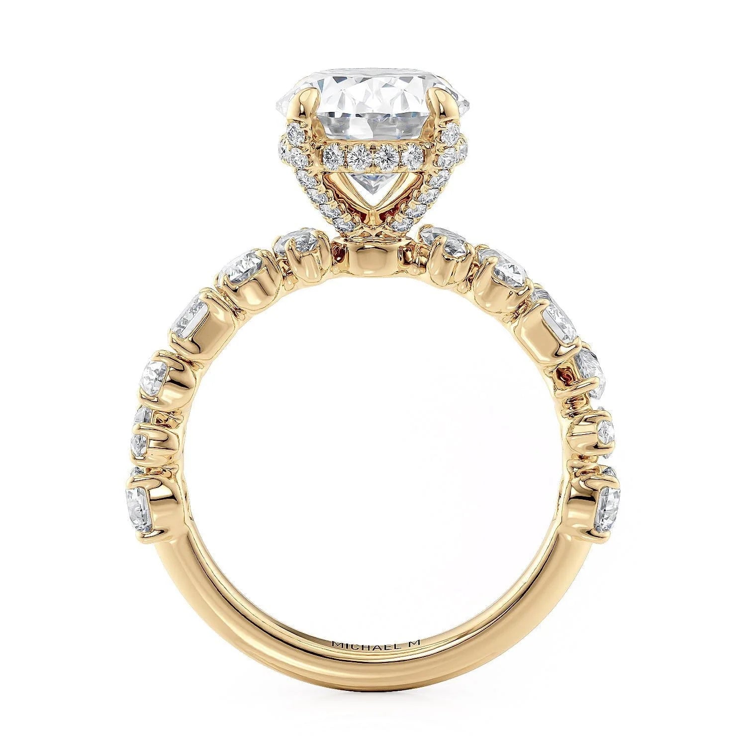 Oval Side Stone 18k Yellow Gold Engagement Ring - R814