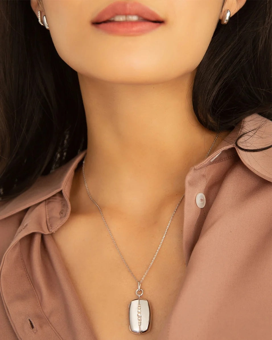 Slim Rectangle Kate White Sapphire Locket Necklace in Sterling Silver
