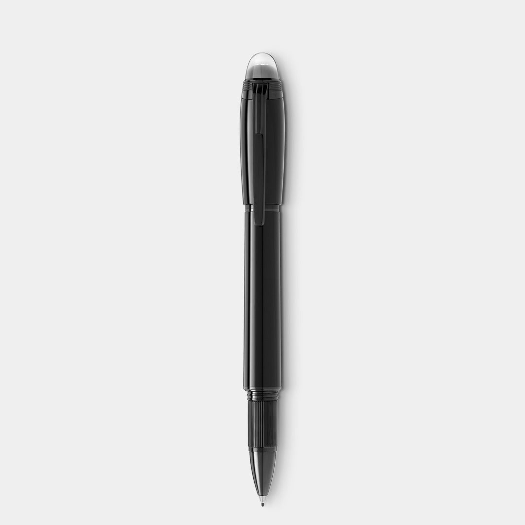 Black pen with a silver cap on a white background