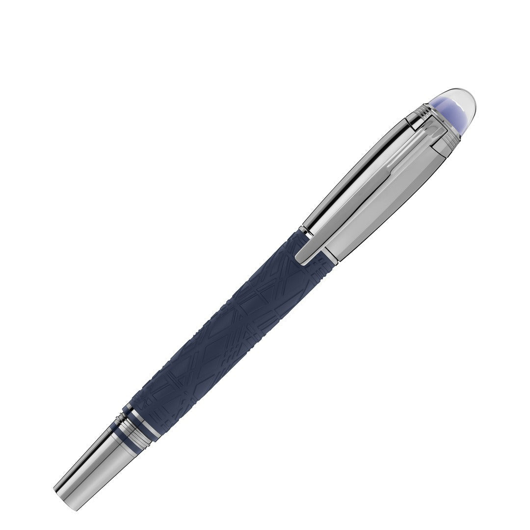 Pen with blue fabric grip and silver accents on a white background