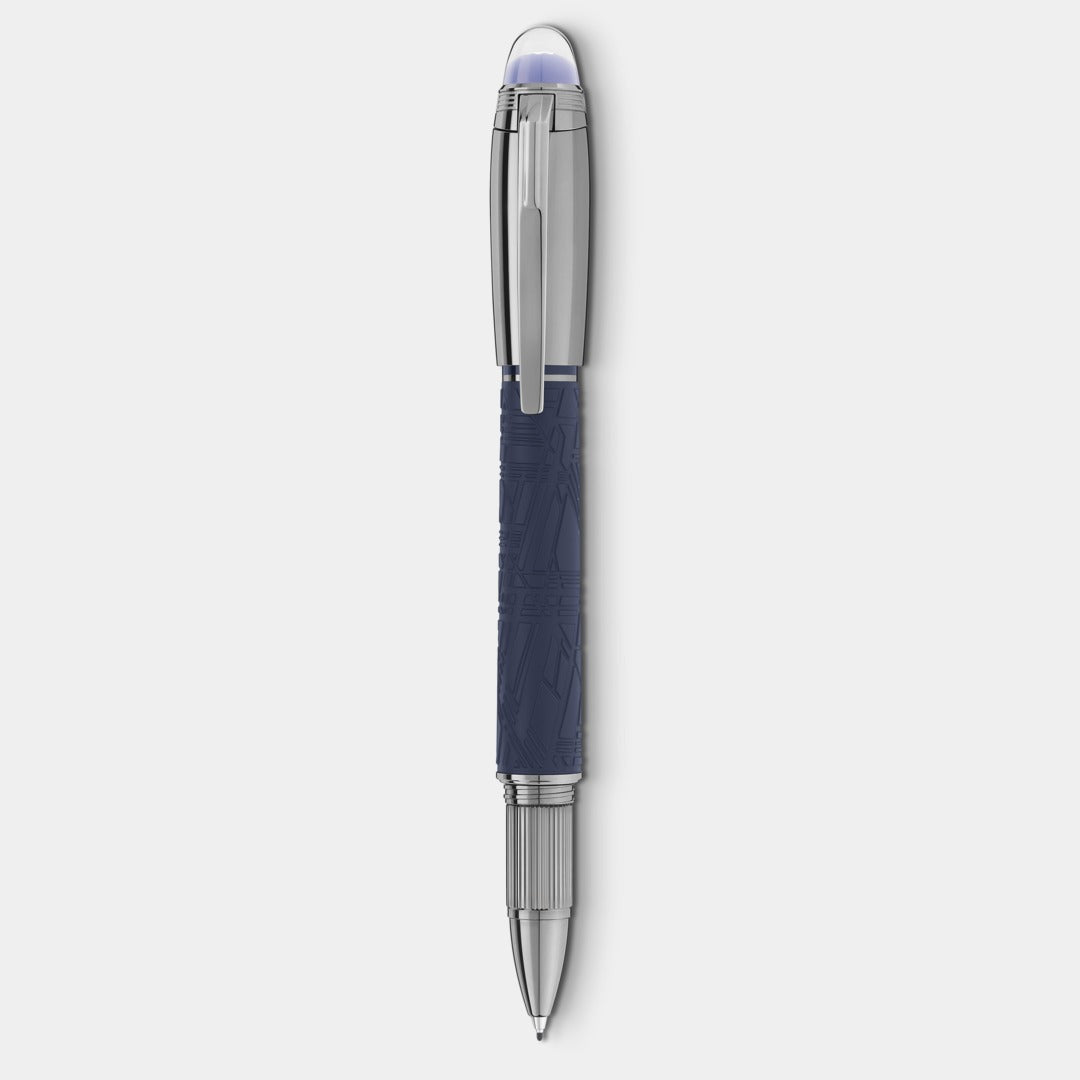 Pen with blue and silver design on a white background